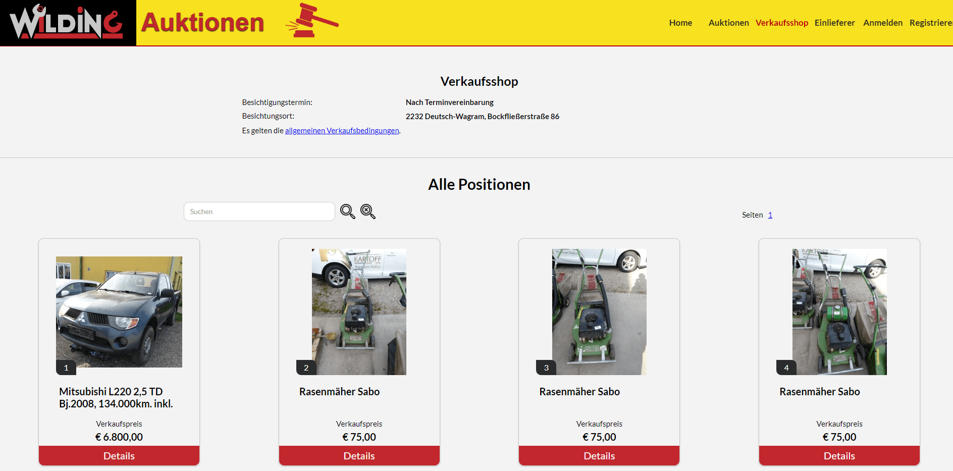 Auszug von Wilding Online Verkaufsshop